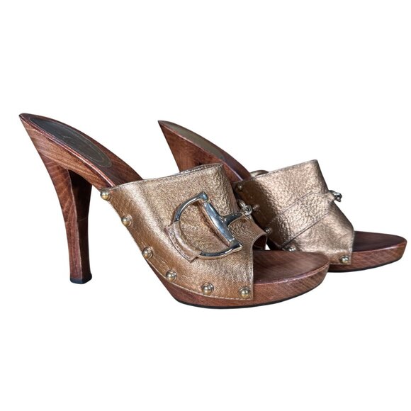 Gucci Bronze Leather Horsebit Wooden Clogs Heels Size UK 9B - Picture 1 of 12